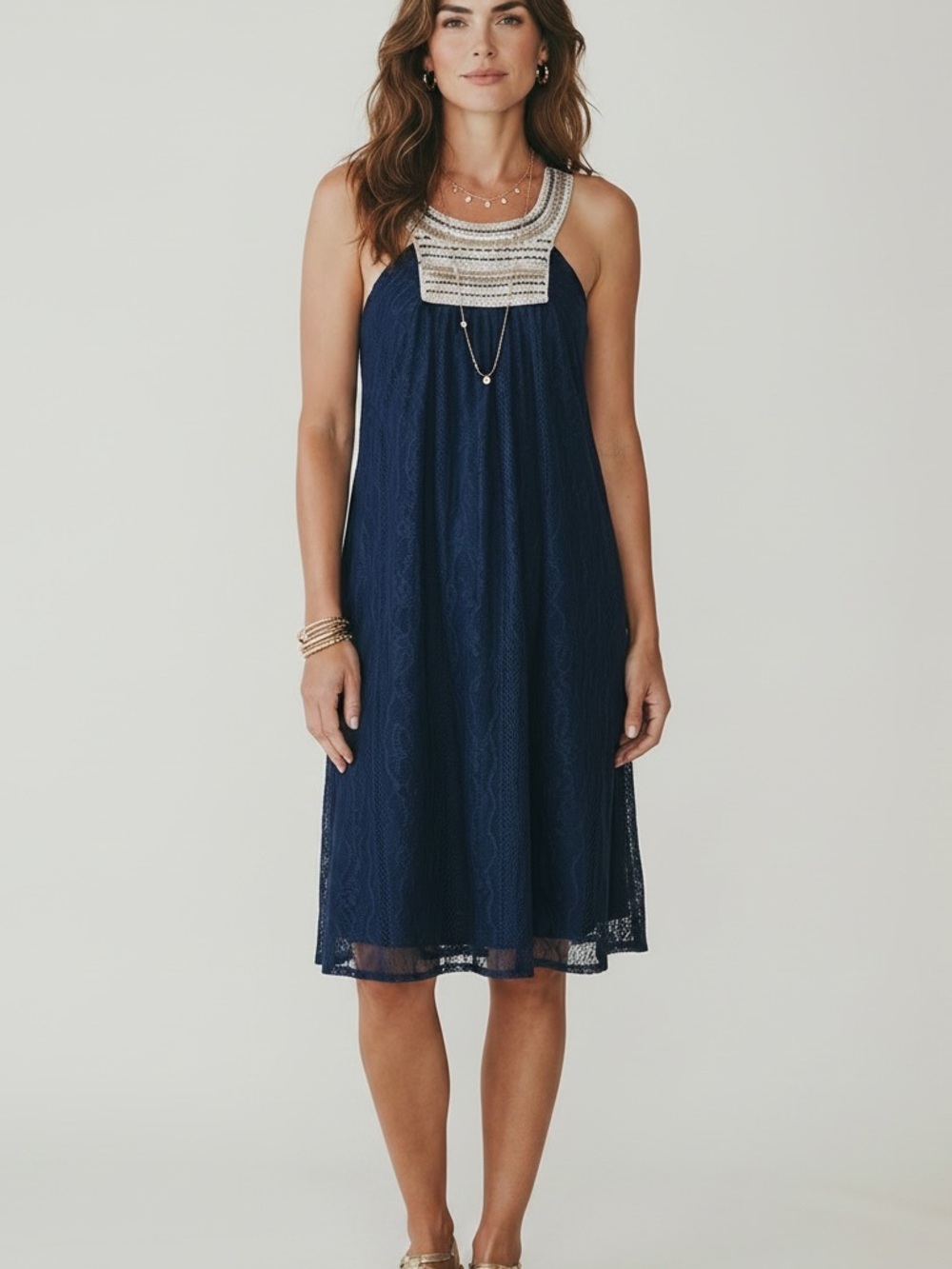 City Triangles Navy Lace Tank Dress with Embellished Yoke
